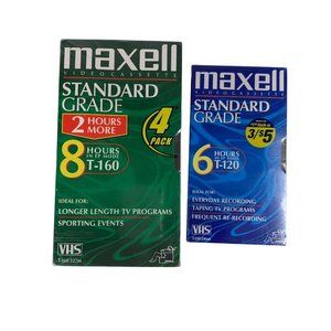 5 Maxell Standard Grade Blank VHS Tapes Four 8 Hour T-160 & One 6 Hour T-120